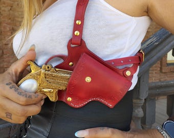 Handcrafted Red Leather Derringer Shoulder Holster – Adjustable Fit – Unique Western Design – 3mm Leather – Made to Order