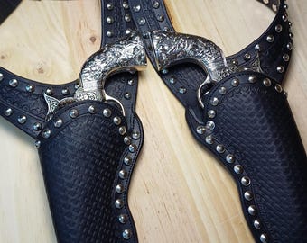 Handmade Double Shoulder Holster – Buster Scruggs The Kid Replica – Black Leather Western Shoulder Rig for Colt Peacemaker Revolvers