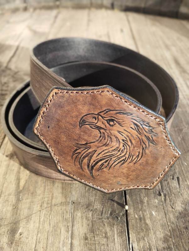 Bird Concho Brown Eagle Motif Belt made in Hong Kong, excellent used condition Unique Handmade Belt With Custom-designed Concho Buckle  main image 3