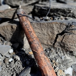 Può includere: Un oggetto cilindrico marrone con la scritta "TRAVELIFE" stampata su di esso. L'oggetto è appoggiato su una superficie rocciosa.