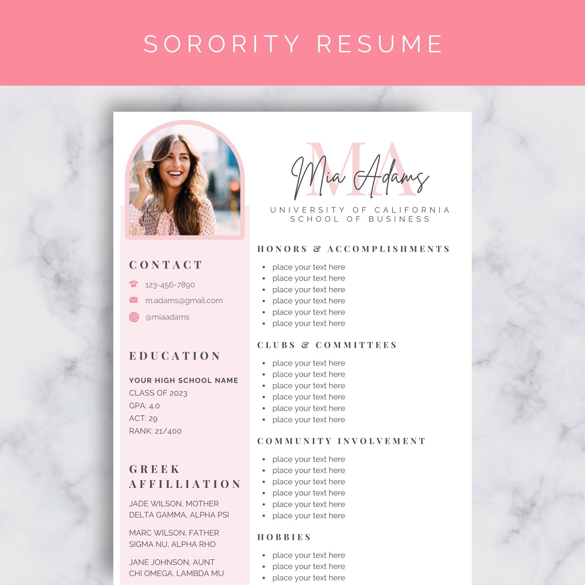 Sorority Resume Template , Sorority Recruitment Packet, Sorority Rush