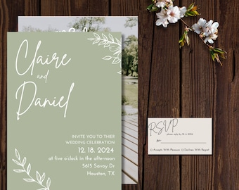 Minimalist Botanical Wedding Invitation Template Set | Sage Green Invitation | Boho Floral Template | Editable Invitation