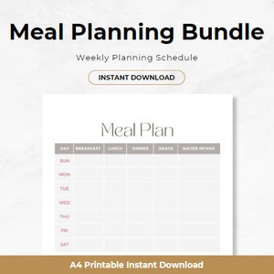 Minimalistyczny pakiet planowania posiłków Organizacja żywności Planer menu Pakiet menu Neutralny planer posiłków A4