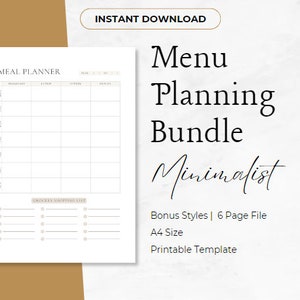 Minimalistyczny pakiet planowania posiłków Organizacja żywności Planer menu Pakiet menu Neutralny planer posiłków A4