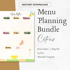 Pakiet Citrus Meal Planning Bundle Food Organisation Family Menu Planner Menu Bundle Bright Meal Planner A4 Busy Mums Busy Parents Canva Template