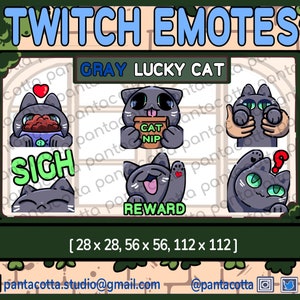 6 Thai Gray Kawaii Chibi Lucky Cat Emotes for Twitch, Discord, YouTube & Stream