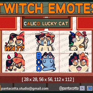 6 Japanese Calico Kawaii Chibi Lucky Cat Emotes for Twitch, Discord, YouTube & Stream