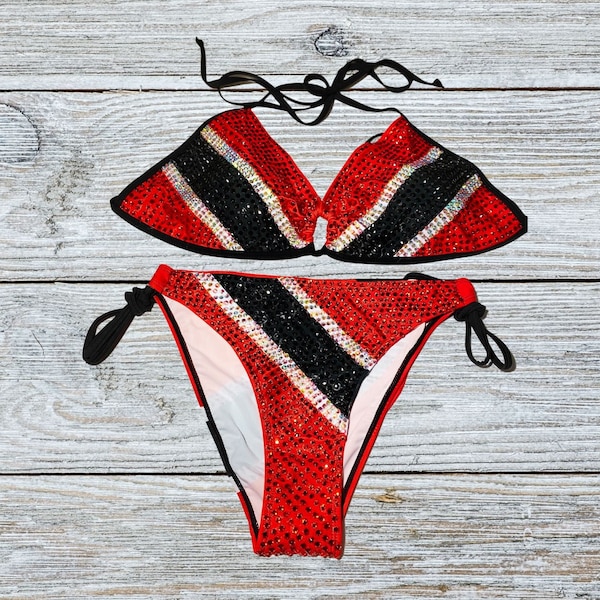 Handcrafted Caribbean Trinidadian Flag Rhinestone Bikini