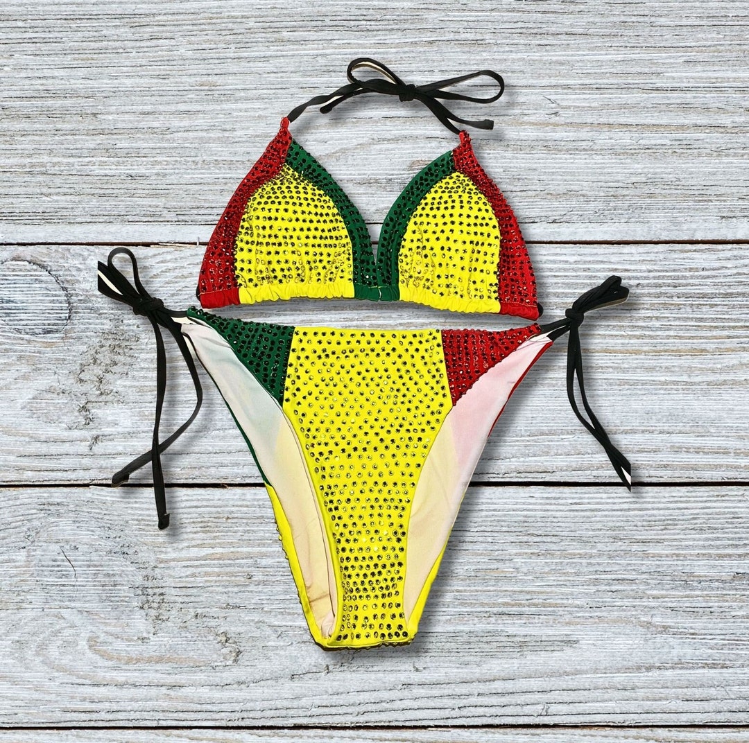 Round Beach Rasta Design Handcrafted Caribbean Jamaica Rasta Flag Rhinestone Bikini - Etsy