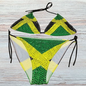 Handcrafted Caribbean Jamaica Flag Rhinestone Bikini