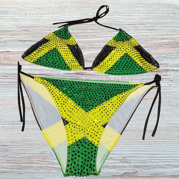 Handcrafted Caribbean Jamaica Flag Rhinestone Bikini