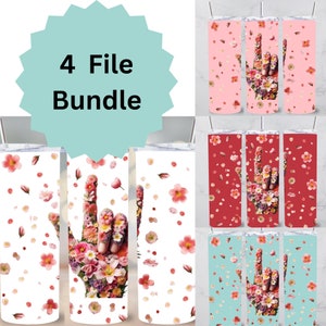 Könnte beinhalten: Ein digitales Download-Paket mit vier Sublimationsdesigns, die eine Hand aus Blumen zeigen, die das amerikanische Zeichensprachensymbol für "Ich liebe dich" bilden. Die Designs sind auf weißem Hintergrund mit rosa, roten und blauen Blütenblättern, die um die Hand herum verstreut sind.