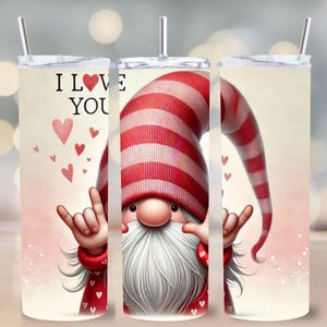 Kocham Cię ASL Gnome 20 oz Tumbler Wrap PNG, Walentynki Sublimacja Projekt, Słodki Gnome Skinny Tumbler Art