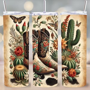 Bottes de cowboy florales occidentales 20 oz gobelet Wrap PNG, Design en sublimation cow-girl du sud-ouest rustique, cactus et papillon art skinny gobelet