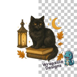 Black Cat Clipart: Fall Books, Lantern, Halloween PNG (Digital Download)