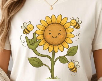 Deaf Awareness Sunflower with Bees ASL I Love You PNG : Sign Language Digital Download