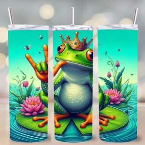 Embrulho para copo de sapo ASL PNG, design de sublimação para sinal de mão "Eu te amo", sapo coroado em almofada de lírio com flores, arte brilhante para copo fino de 20 onças