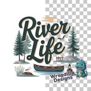 River Life clipart PNG, rustieke kanoscène met bomen en lantaarn, vredige natuur sublimatie design, buiten zomercabine digitale kunst