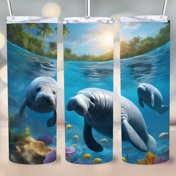 Manatees Swimming in the Ocean Design Tumbler Wrap Design Sublimation 20oz Skinny Straight / Tapered PNG Instant Download Animals 9.3"x8.2"