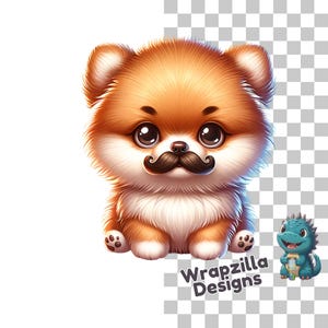 Funny Pomeranian Clipart PNG, Cute Cartoon Dog with Mustache, Whimsical Pet Sublimation Design, Adorable Dog Art, Digital Download