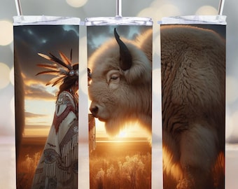 White Bison Woman Tumbler Wrap: Indigenous Art Sublimation Design (Digital Download)