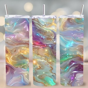 May include: Three stainless steel tumblers with a colourful abstract marble design. The design features swirls of purple, pink, blue, green, and gold.