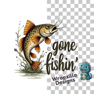Gone Fishin’ PNG, Clipart de pesca de trucha para sublimación, Descarga digital divertida de amante de la naturaleza, Arte rústico para camisetas de pescador, Idea de regalo de lubina