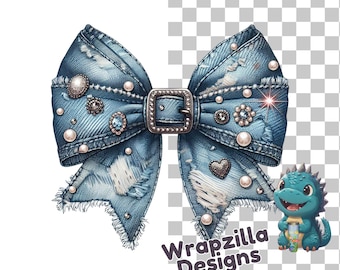 Distressed Denim Schleife Clipart: Perlen & Strass (Digitaler Download)