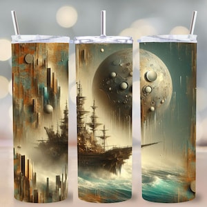 Steampunk Pirate Ship Tumbler PNG, 20oz Skinny Tumbler Wrap Sublimation Design, Sci Fi Moon Fantasy Digital Download, Nautical Galaxy Art