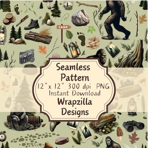 May include: A seamless pattern featuring a variety of camping and wilderness elements, including a Bigfoot, a lantern, a camera, a compass, a mushroom, a tree, a campfire, a pair of binoculars, a log, a boot, a footprint, a leaf, a twig, a rock, a sign that says "CAMP", and a mug. The pattern is on a light green background.