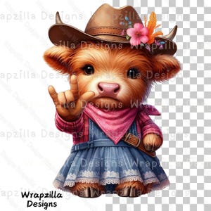 Fall Highland Cowgirl ASL I Love You Clipart, Country Cow Sign Language Clipart, Girl Highland Cow ASL, Heifer