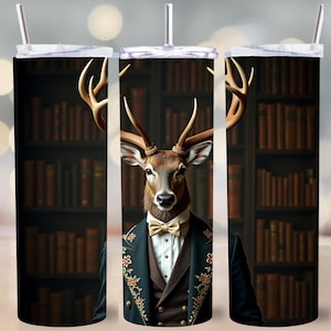 Herten Gentleman 20 oz Tumbler Wrap PNG, formeel dier, Victoriaans sublimatieontwerp, bosrijke digitale kunst voor geschenken, gotisch portret