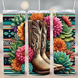 Emballage de gobelet bottes western PNG, 20 oz design par sublimation maigre, Art floral du sud-ouest, cadeau champêtre