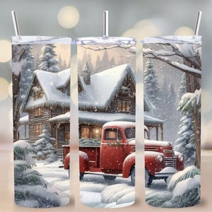 Bicchiere natalizio in formato PNG con camion rosso, bicchiere sottile da 20 once con design Snow Cabin, bicchiere da sublimazione vintage in stile fattoria invernale