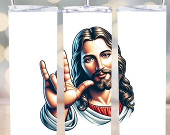 ASL Jesus Tumbler Wrap: I Love You Sign, 20oz Skinny Design (PNG Digital Download)