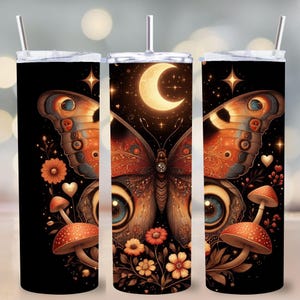 Envoltura de vaso con polilla mística PNG, mariposa bohemia y hongos, diseño de sublimación de fantasía celestial, diseño de vaso delgado de 20 oz