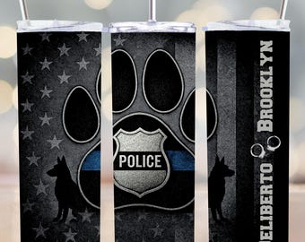 警察犬 K9 の足跡プリント タンブラーラップ：薄い青い線のデザイン（デジタルダウンロード）