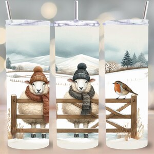 冬の羊のタンブラーラップ PNG、雪景色のデジタルアート、かわいい農場の動物の昇華デザイン、スカーフを巻いた羊 PNG、シームレスなデザイン