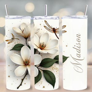 Magnolia Dragonfly Tumbler Wrap PNG, 20 oz Skinny Tumbler Sublimation Design, Customizable Floral Wrap, Straight and Tapered Files