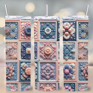 Vintage au crochet couette enveloppement PNG, grand-mère carré patchwork, gobelet skinny 20 oz, conception numérique, fichier de sublimation de texture fait main bohème