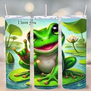 Cute Frog I Love You Tumbler Wrap PNG, Design de sublimação de sapo ASL, Download digital de copo fino de 20 oz, Sapo em almofada de lírio, Sem costura, Surdo
