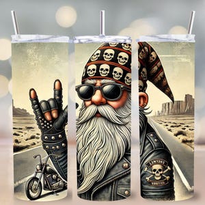 ASL Biker Gnome 20 oz Skinny Tumbler Wrap PNG, I Love You Sublimation Design, Skull Bandana, Deaf and Nonverbal Gift, Digital Download