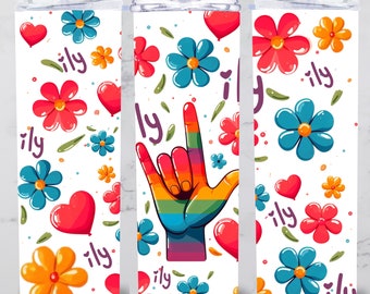ASL I Love You Tumbler Wrap: Rainbow Hand, Floral Design (PNG Digital Download)