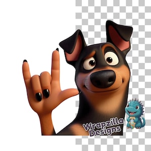 Clipart de perro en lenguaje de señas (APS), cachorro de dibujos animados "Te amo" con uñas negras, diseño de mascota para sordos, descarga de calcomanías de animales por sublimación