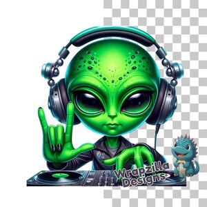 ASL Alien DJ Clipart PNG, je t'aime Art de la langue des signes, extraterrestre vert avec casque, sublimation de musique spatiale, graphique numérique de science-fiction