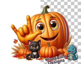 ASL I Love You Pumpkin Cat PNG: Halloween Clipart (Digital Download