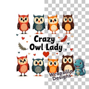 Pacote de clipart de coruja fofa em PNG, arte digital engraçada de coruja louca para sublimação, clipart de pássaros da floresta, corações e penas de animais da floresta