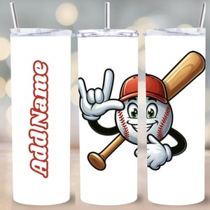 Könnte beinhalten: Ein weißer Becher mit einem Baseball-Charakter-Design. Der Baseball trägt einen roten Hut und hält einen Baseballschläger. Der Text "Name hinzufügen" befindet sich auf der linken Seite des Bechers.