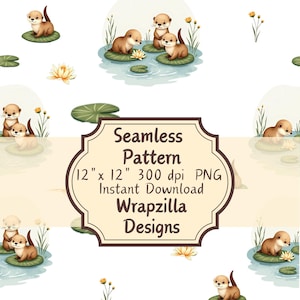 Padrão de lontra fofa sem emendas PNG, lontras bebês em folhas de lírio, papel digital, design de sublimação para berçário, clipart de lagoa de vida selvagem