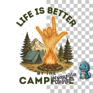Clipart PNG del falò in ASL, La vita è migliore... Disegno a sublimazione del falò, Ti amo, Arte del campeggio con la mano che fa fuoco, Download digitale di consapevolezza della sordità